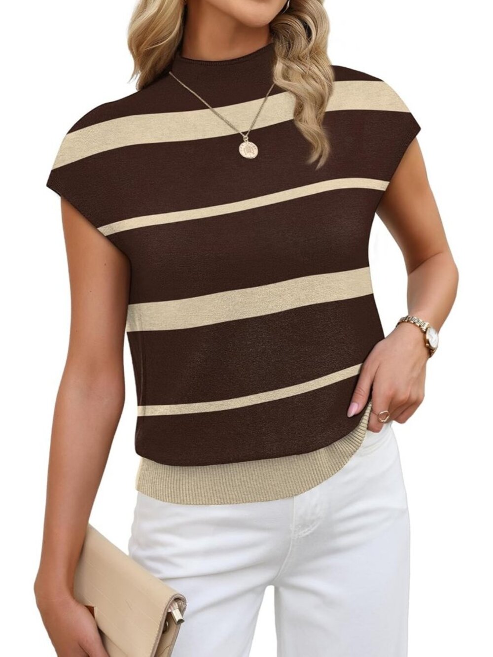 Women's Striped Brown Apricot Mock Neck Sweater Short Sleeve Pullover Casual Top - Picture 2 of 5